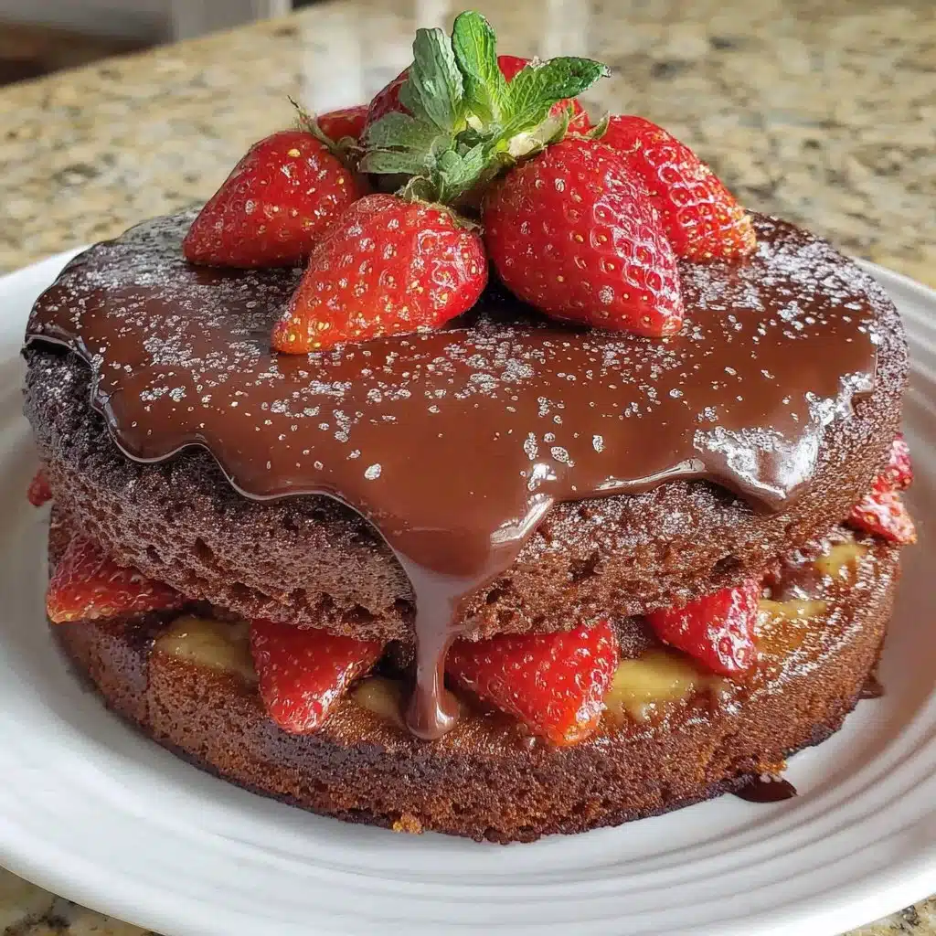 Delicious Strawberry Chocolate Cake topped with fresh strawberries and chocolate ganache.