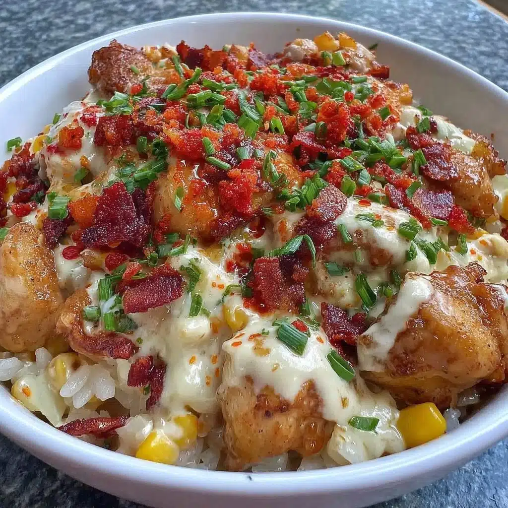 Street Corn Chicken Rice Bowl topped with fresh ingredients and spices