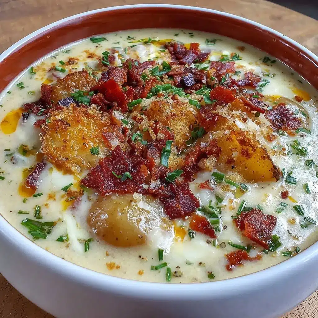 Delicious bowl of loaded potato soup topped with cheese and bacon