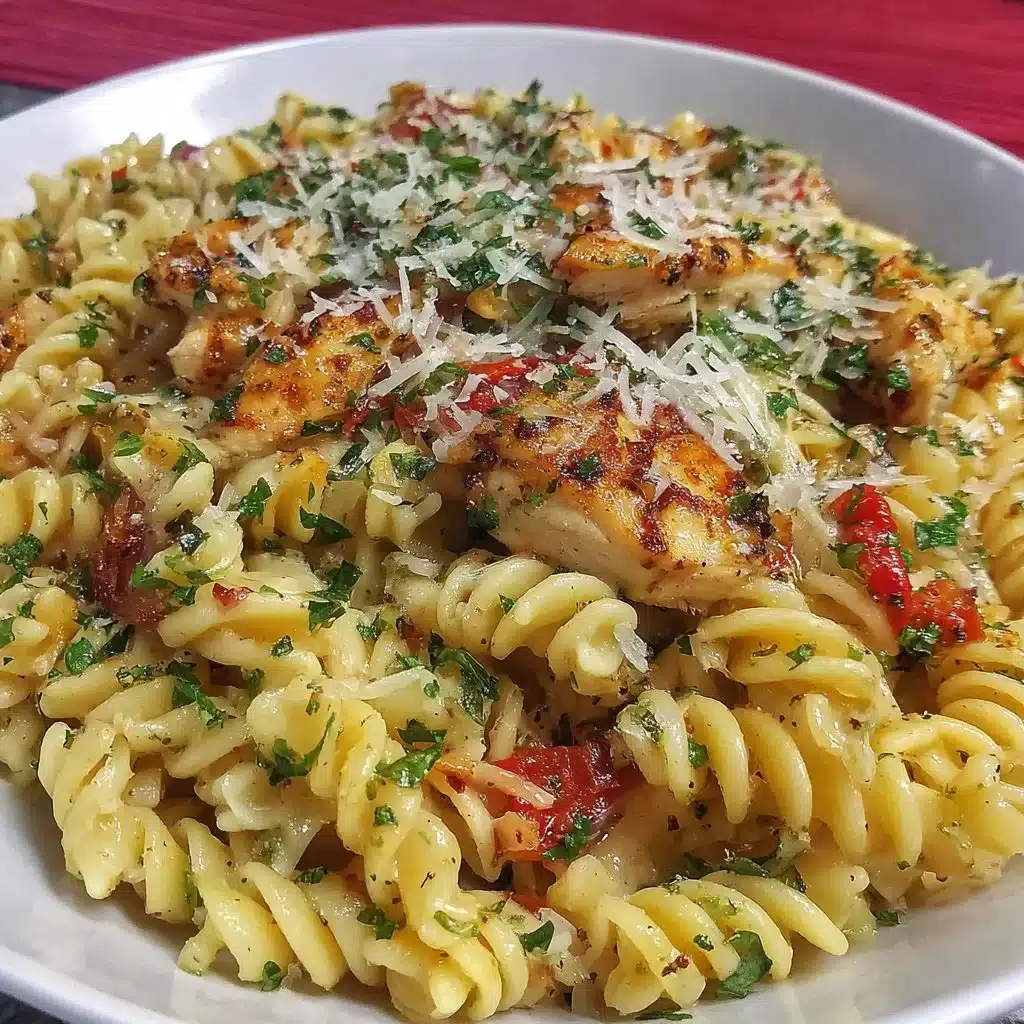Creamy garlic parmesan chicken pasta with herbs and cheese garnished on top