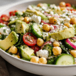 Chickpea Feta Avocado Dinner Salad in white bowl with fresh herbs