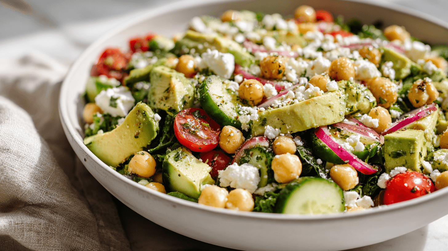 Chickpea Feta Avocado Dinner Salad in white bowl with fresh herbs