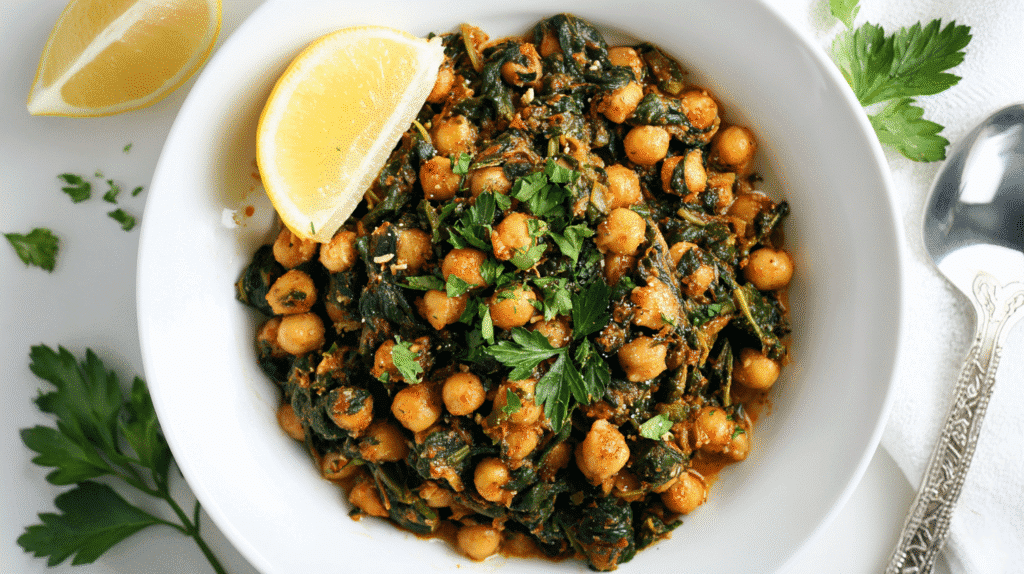 Mediterranean chickpea skillet with spinach served in white bowl