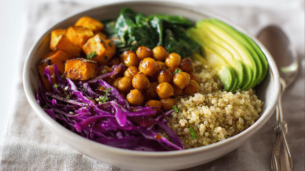 Served Lemon Garlic Chickpea Dinner Bowl with toppings