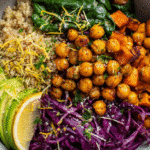 Lemon Garlic Chickpea Dinner Bowl top view close-up