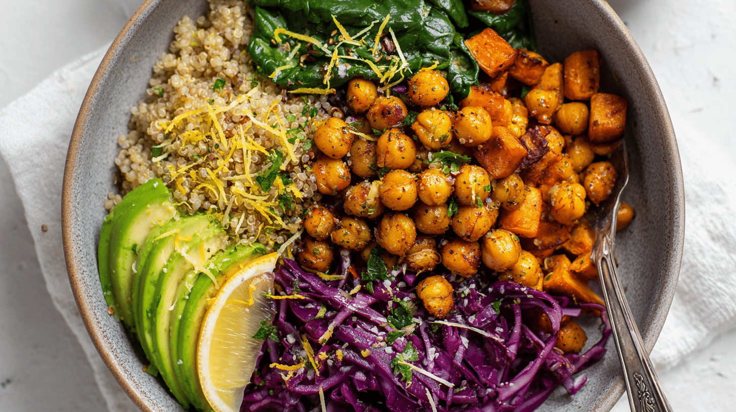 Lemon Garlic Chickpea Dinner Bowl top view close-up