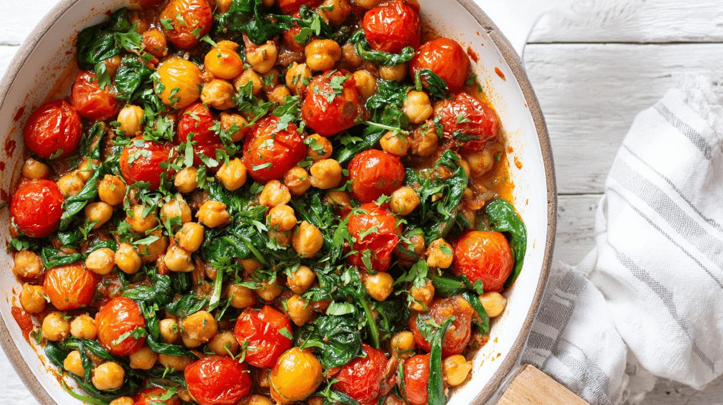 Mediterranean Chickpea Skillet with Spinach in white skillet