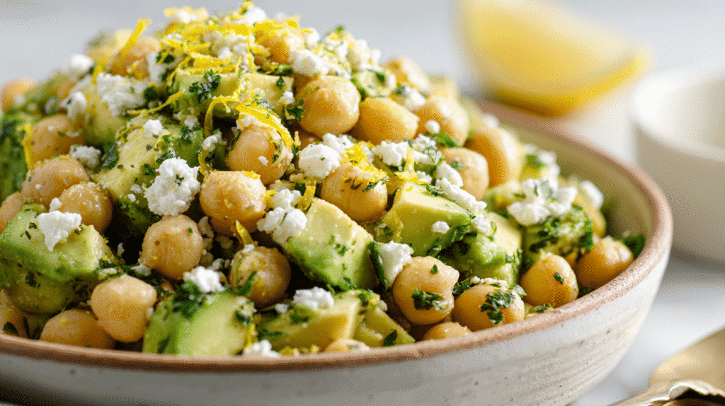 Chickpea Feta Avocado Dinner Salad served in ceramic dish