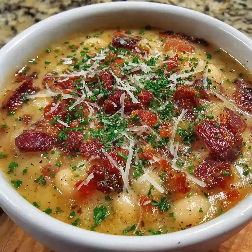Creamy white bean soup with bacon garnished with herbs in a bowl