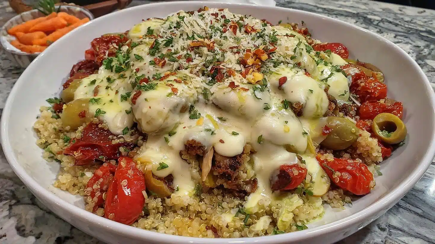 Delicious Winter Mediterranean Quinoa Bowl with vibrant veggies and quinoa