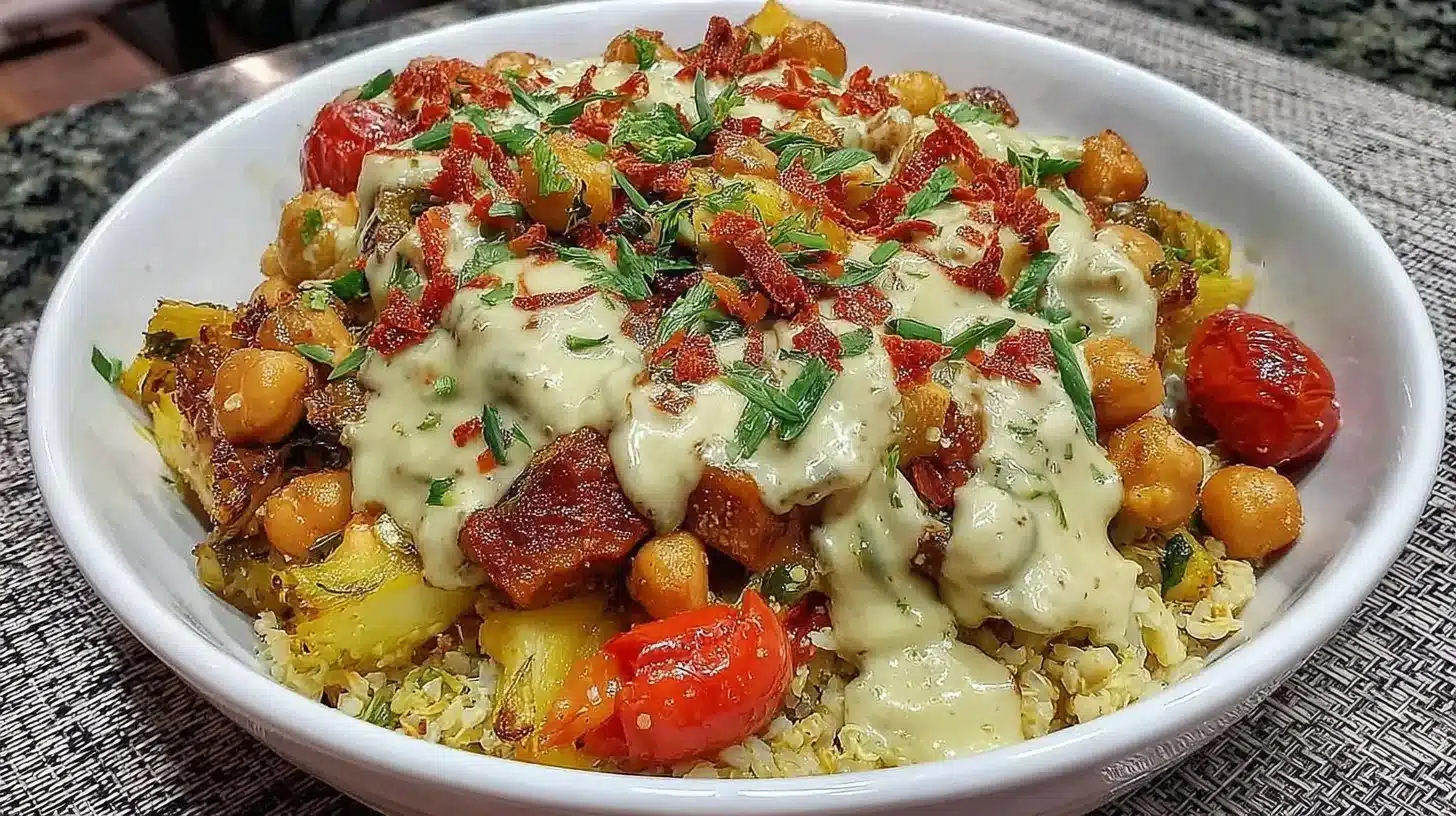 Winter Veggie Chickpea Bowl with seasonal vegetables and chickpeas