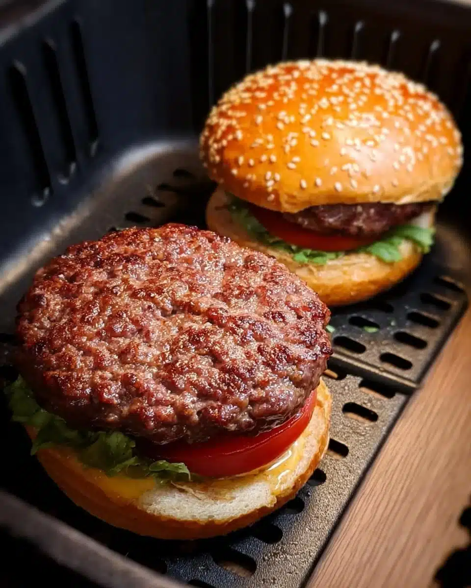 Delicious air fryer beef burgers served on a plate with toppings