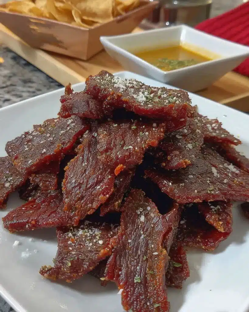 Homemade air fryer beef jerky ready to be enjoyed as a tasty snack.
