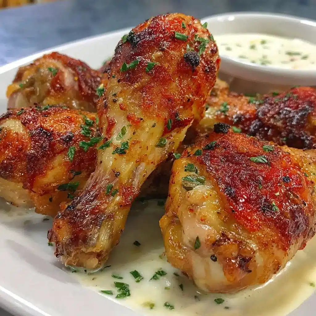 Crispy air fryer chicken drumsticks served with dipping sauce