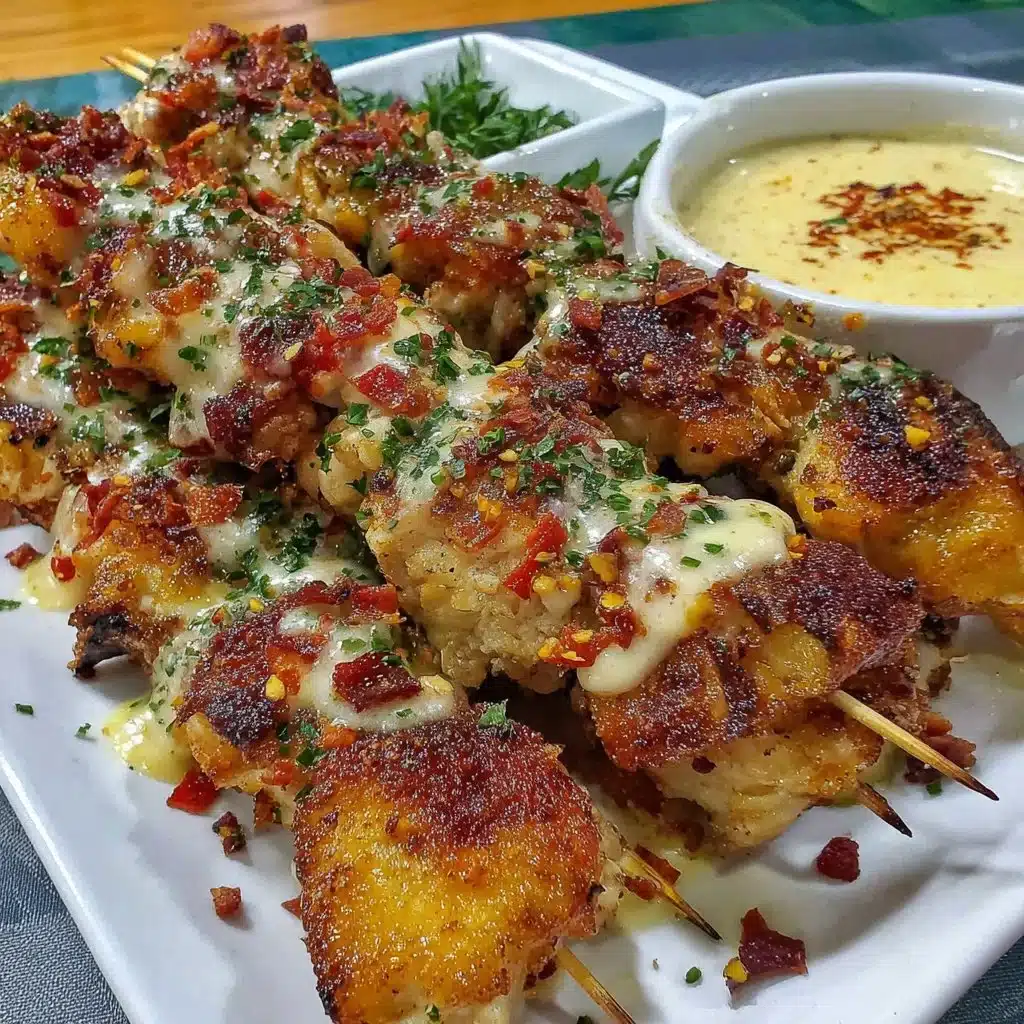 Air fryer chicken skewers garnished with herbs on a plate