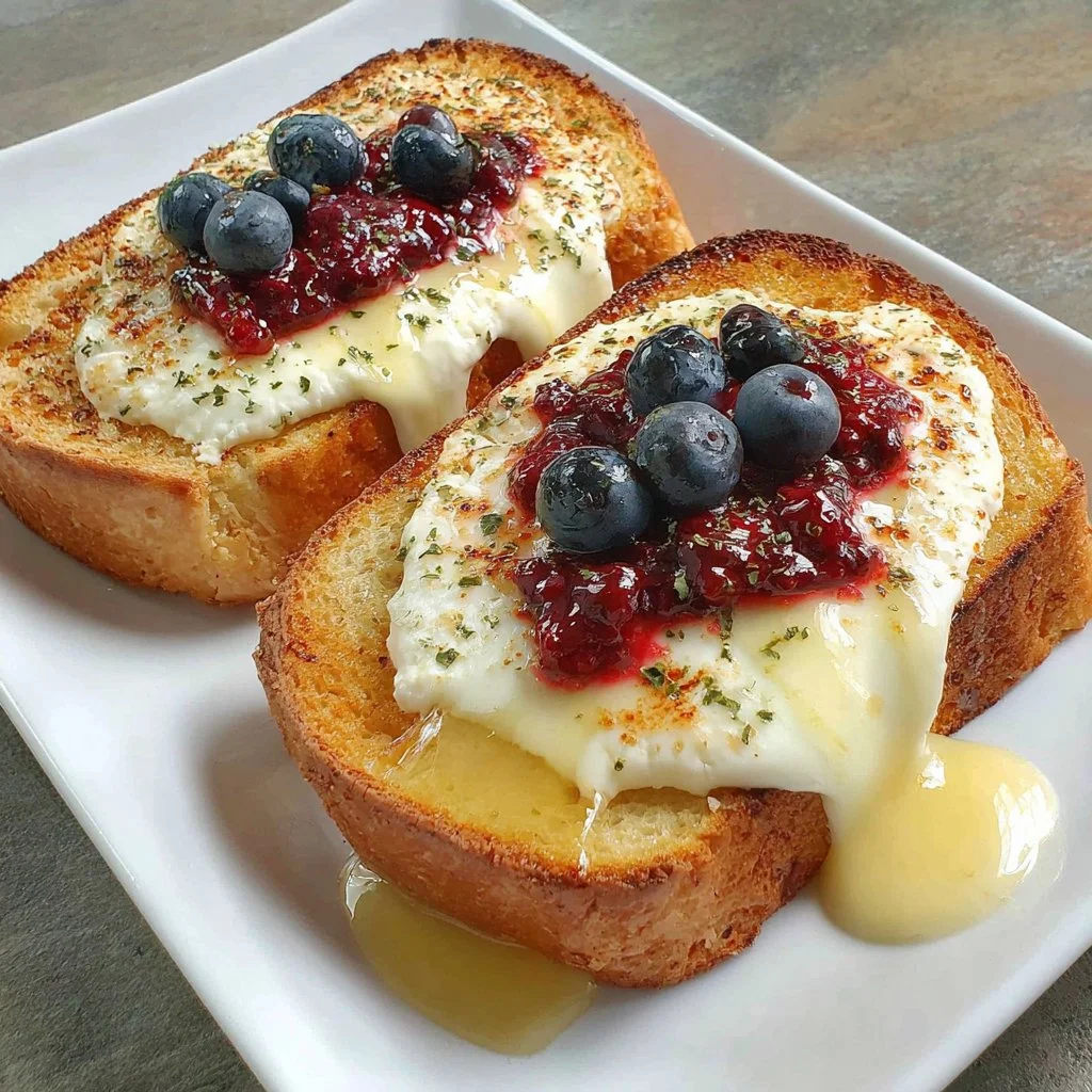 Delicious air fryer cottage cheese toast with blueberry and honey topping