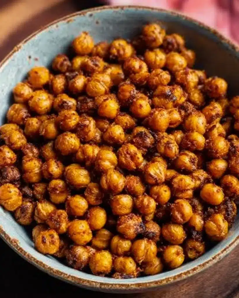 Air-fried crispy barbecue chickpeas on a plate, ready to be served as a snack.