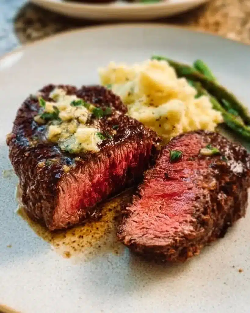 Air Fryer Filet Mignon garnished with garlic butter and herbs