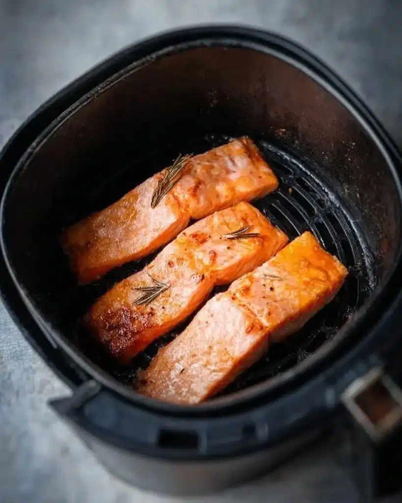 Air fryer cooking frozen salmon on a plate with herbs