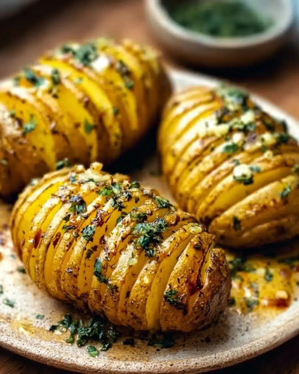 Air Fryer Garlic Butter Hasselback Potatoes served with fresh herbs