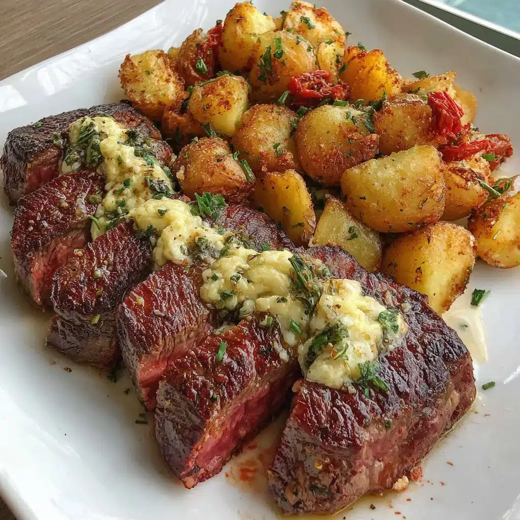 Air Fryer garlic butter steak with potato foil packets ready to serve.
