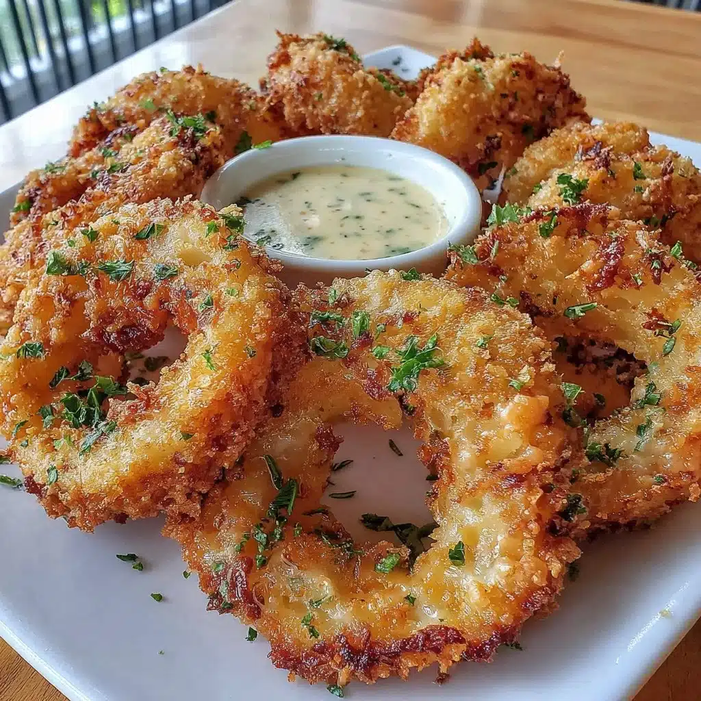 Crispy air fryer onion rings served in a bowl with dipping sauce.