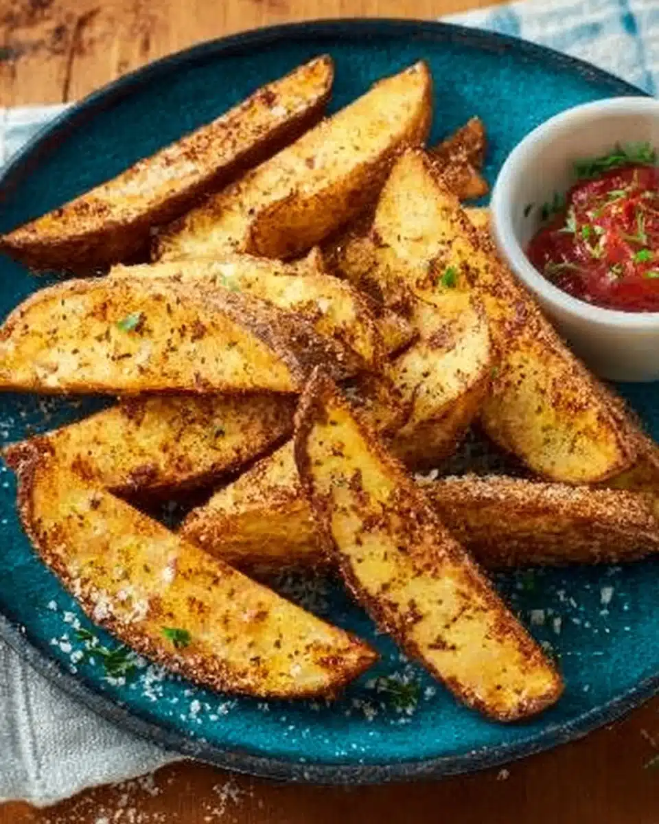 Crispy Air Fryer Parmesan Steak Fries on a plate garnished with herbs