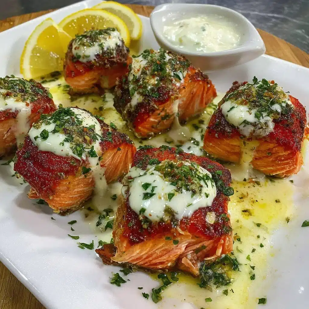 Air fryer salmon bites served with garlic cream sauce.