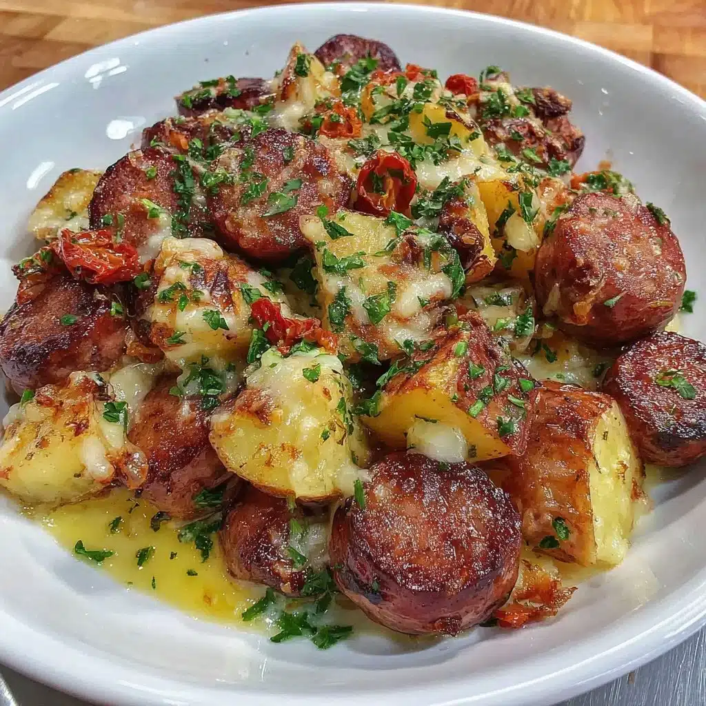 Crispy air fryer sausage served with golden potatoes on a plate