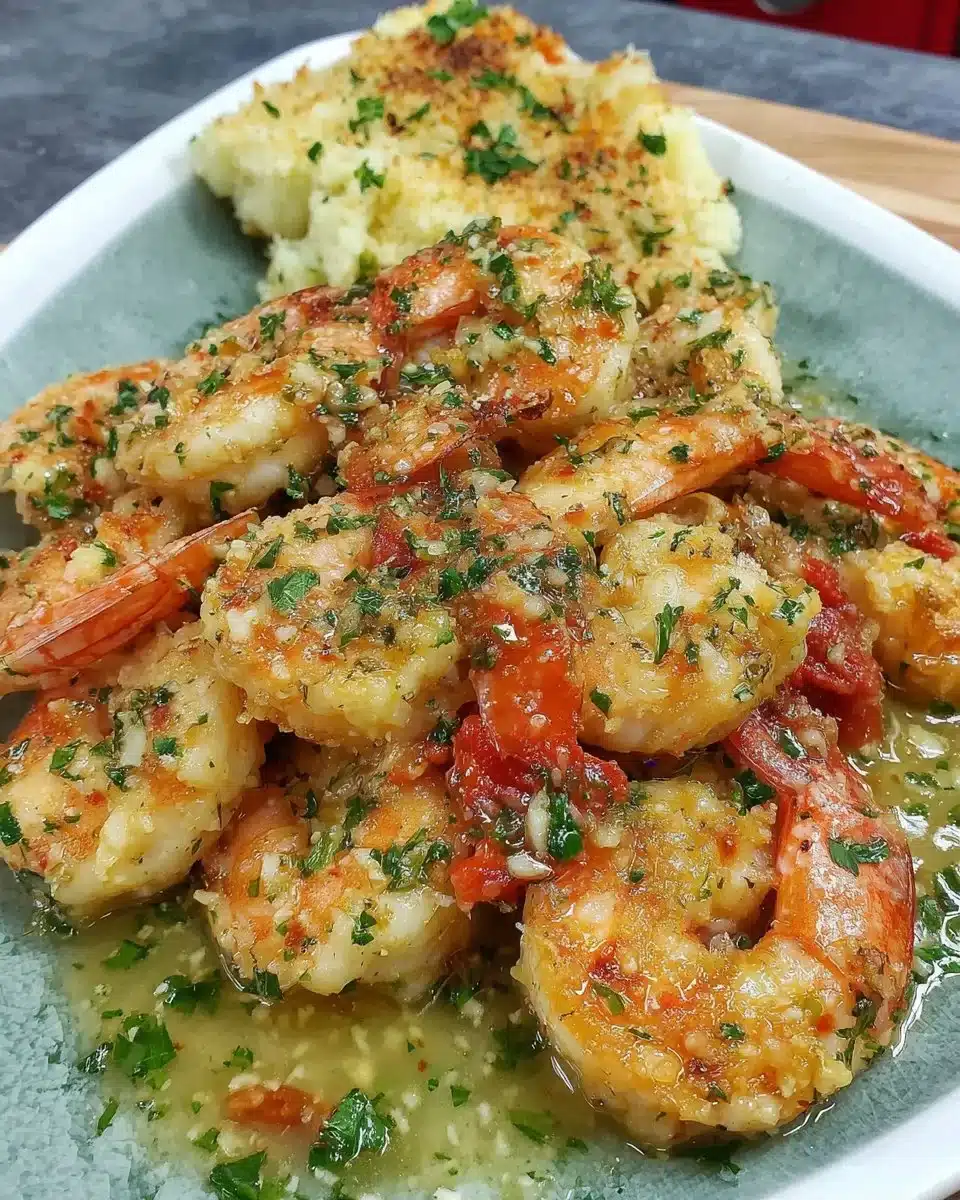 Cooked air fryer shrimp served with garlic butter on a plate