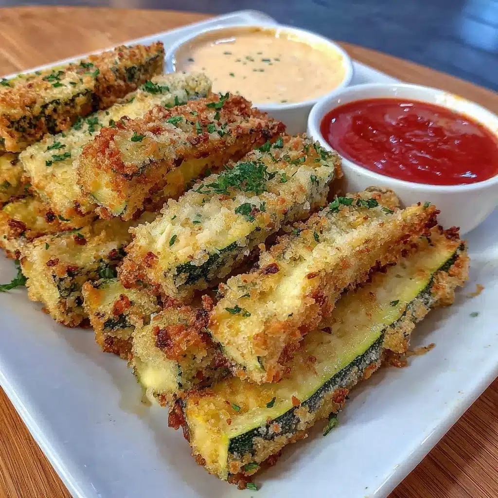 Crispy air fryer zucchini fries served with dipping sauce