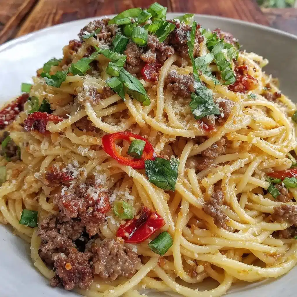 Asian-style ground beef spaghetti served in a bowl