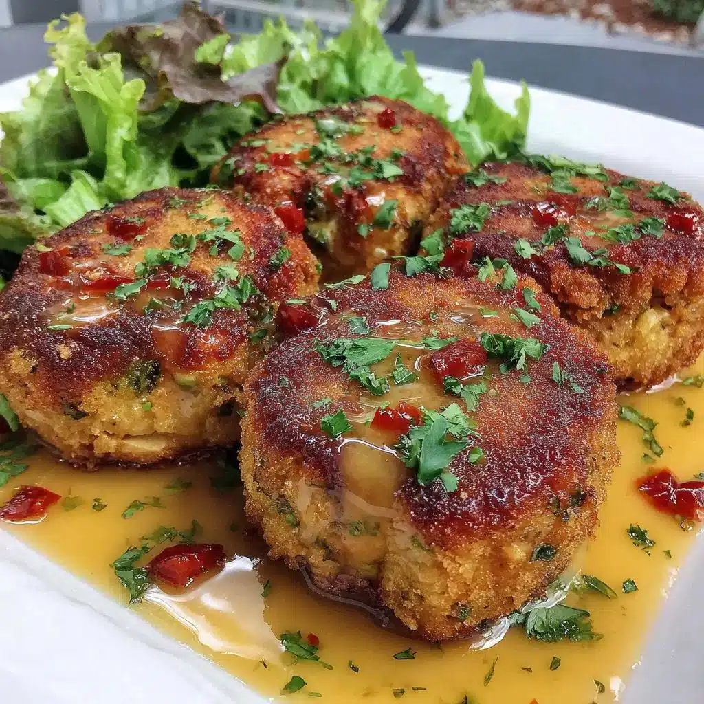 Plate of Asian tuna cakes served with dipping sauce and garnished with herbs