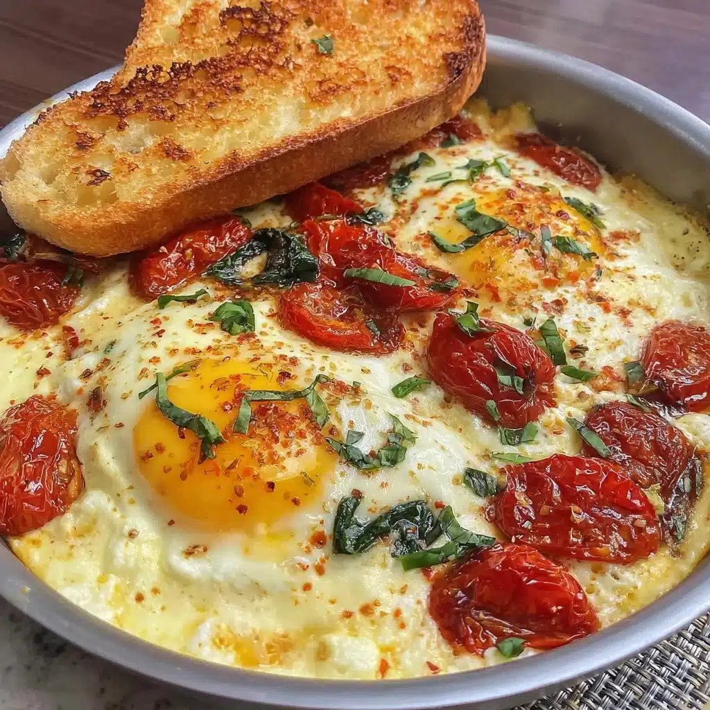 Baked feta eggs with tomatoes and spinach served in a dish