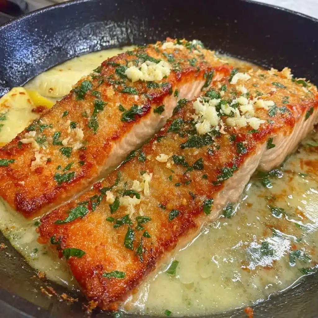 Baked lemon garlic butter salmon served on a plate with fresh herbs.