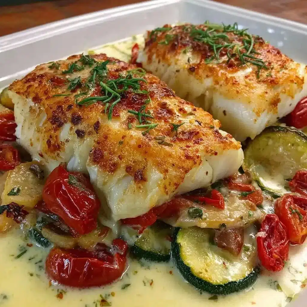 Baked Mediterranean White Fish served with colorful vegetables