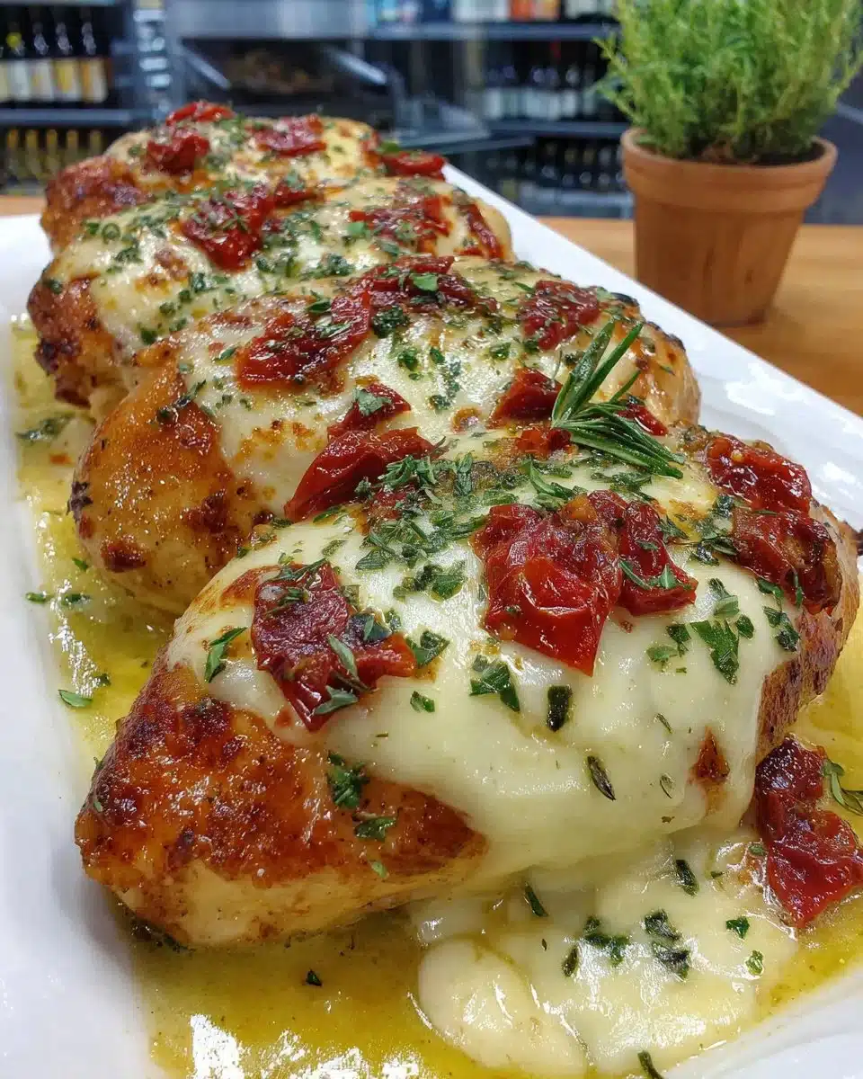 Balsamic baked chicken breast topped with mozzarella cheese on a plate