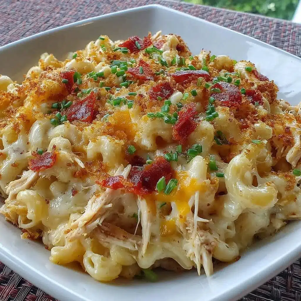 Delicious BBQ Chicken Mac and Cheese topped with crispy breadcrumbs.