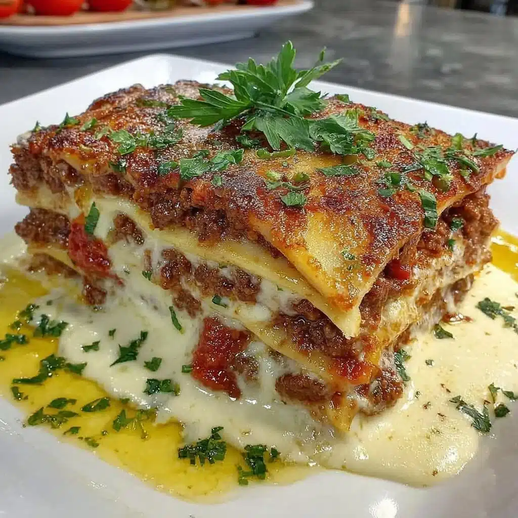 Delicious Bolognese lasagna with layers of pasta, meat sauce, and cheese