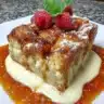 Delicious air fryer bread pudding served with caramel sauce