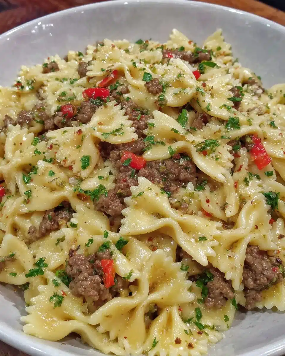 Cajun Cream Cheese Alfredo Bowties served with spiced ground beef