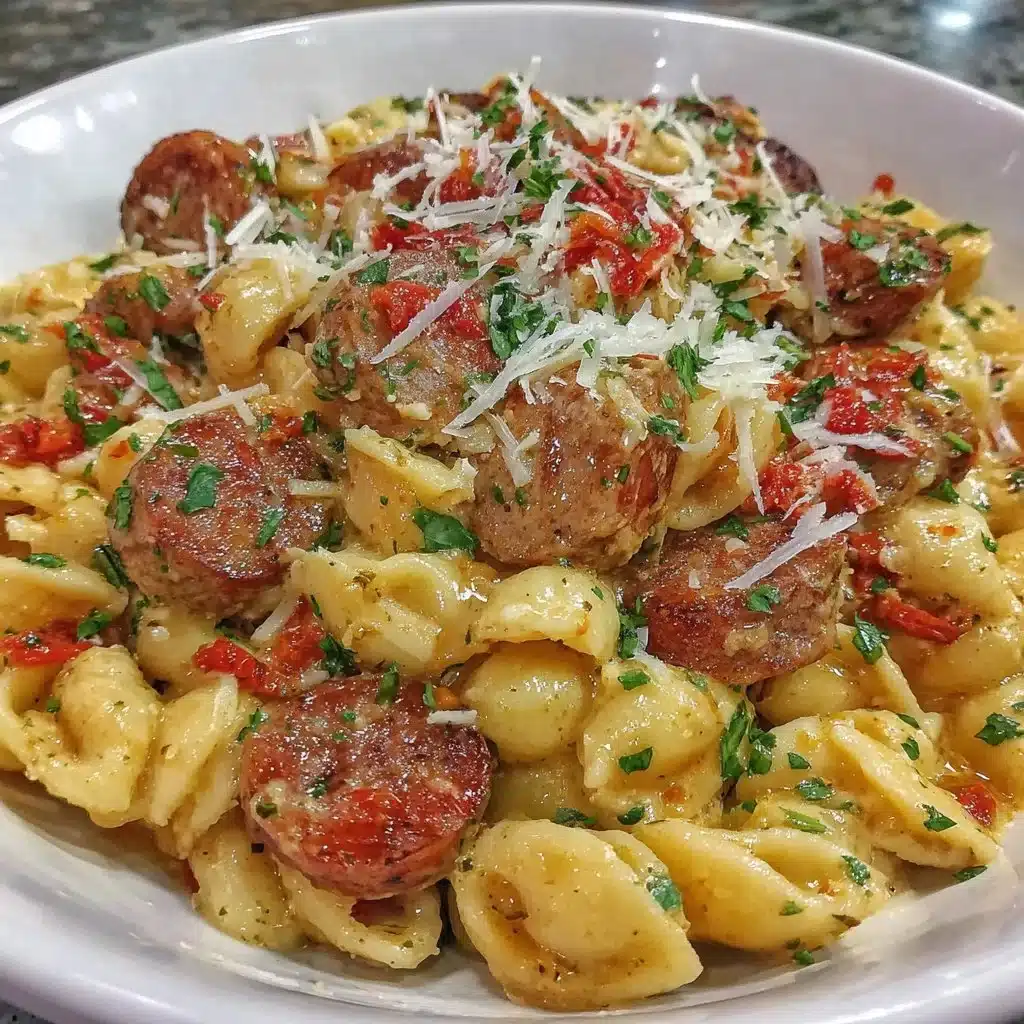 Delicious bowl of Cajun Sausage Pasta with herbs and spices.
