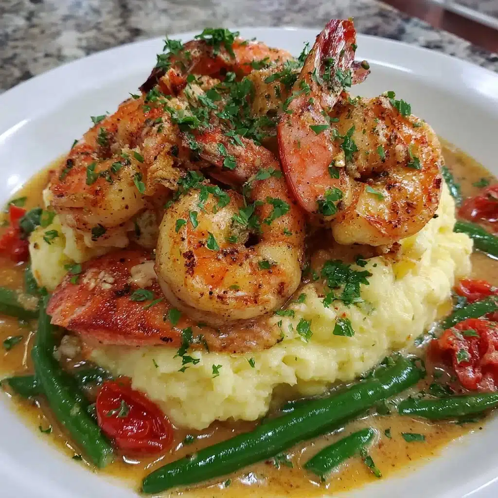 Cajun shrimp and salmon in creamy garlic sauce served in a bowl.