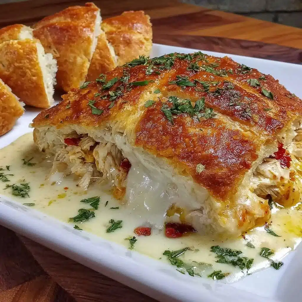 Cheesy chicken crescent bake dish topped with herbs and melted cheese