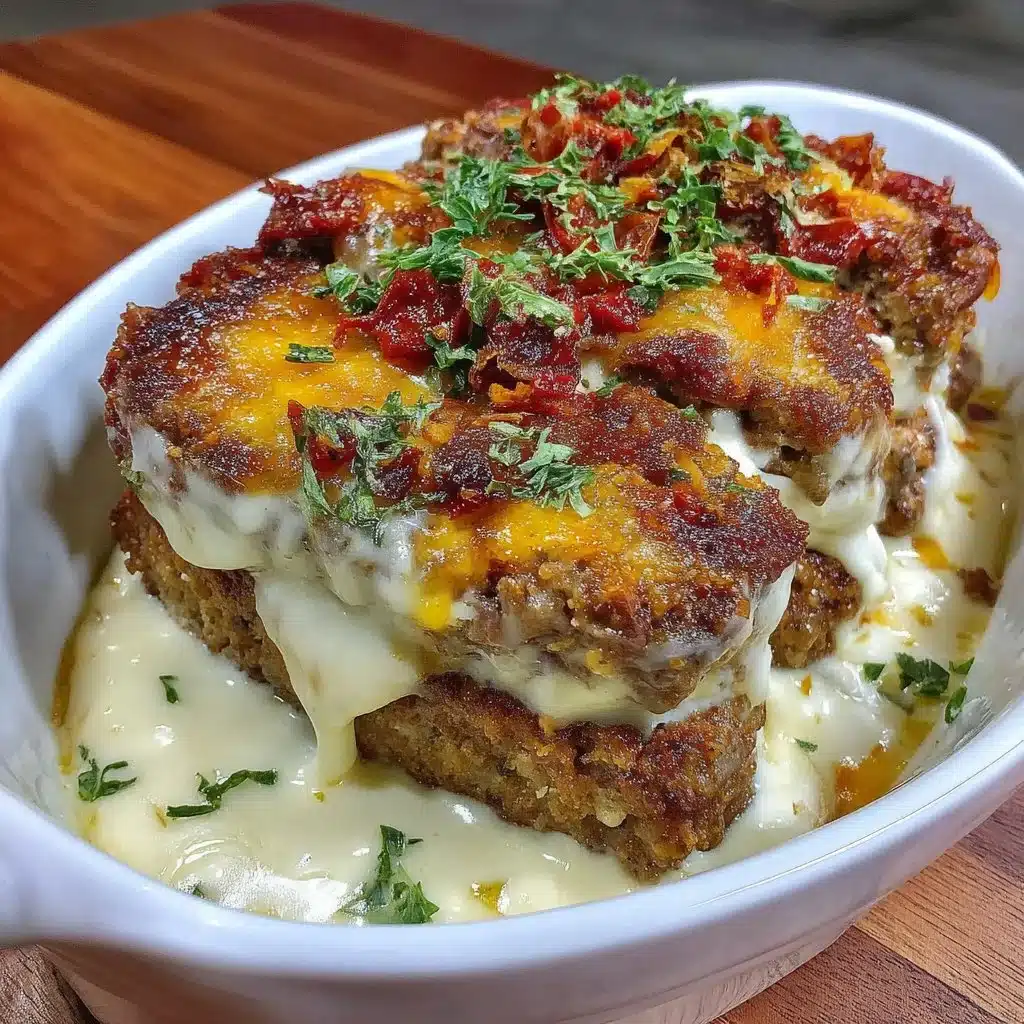 Cheesy Loaded Meatloaf Casserole topped with melted cheese and herbs