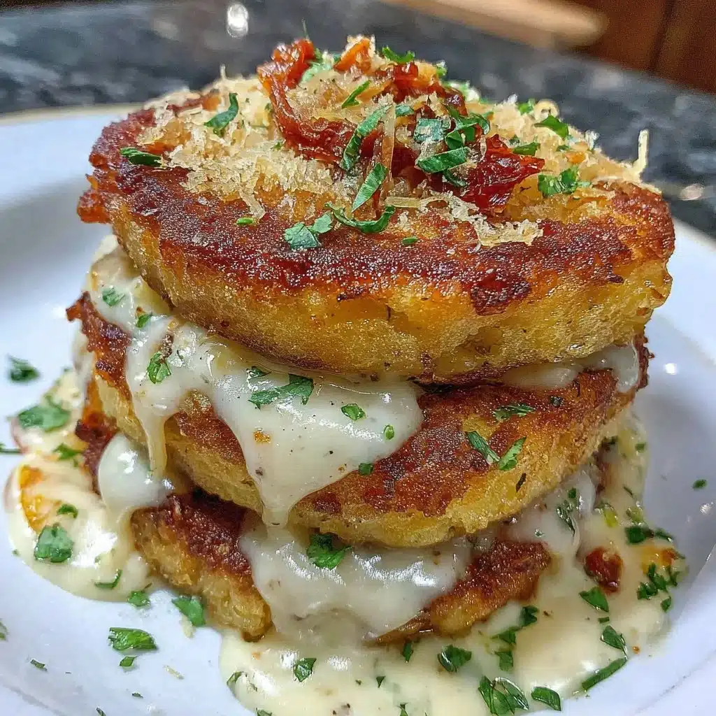 Cheesy potato cakes with golden crust and melted cheese on top, served on a plate.