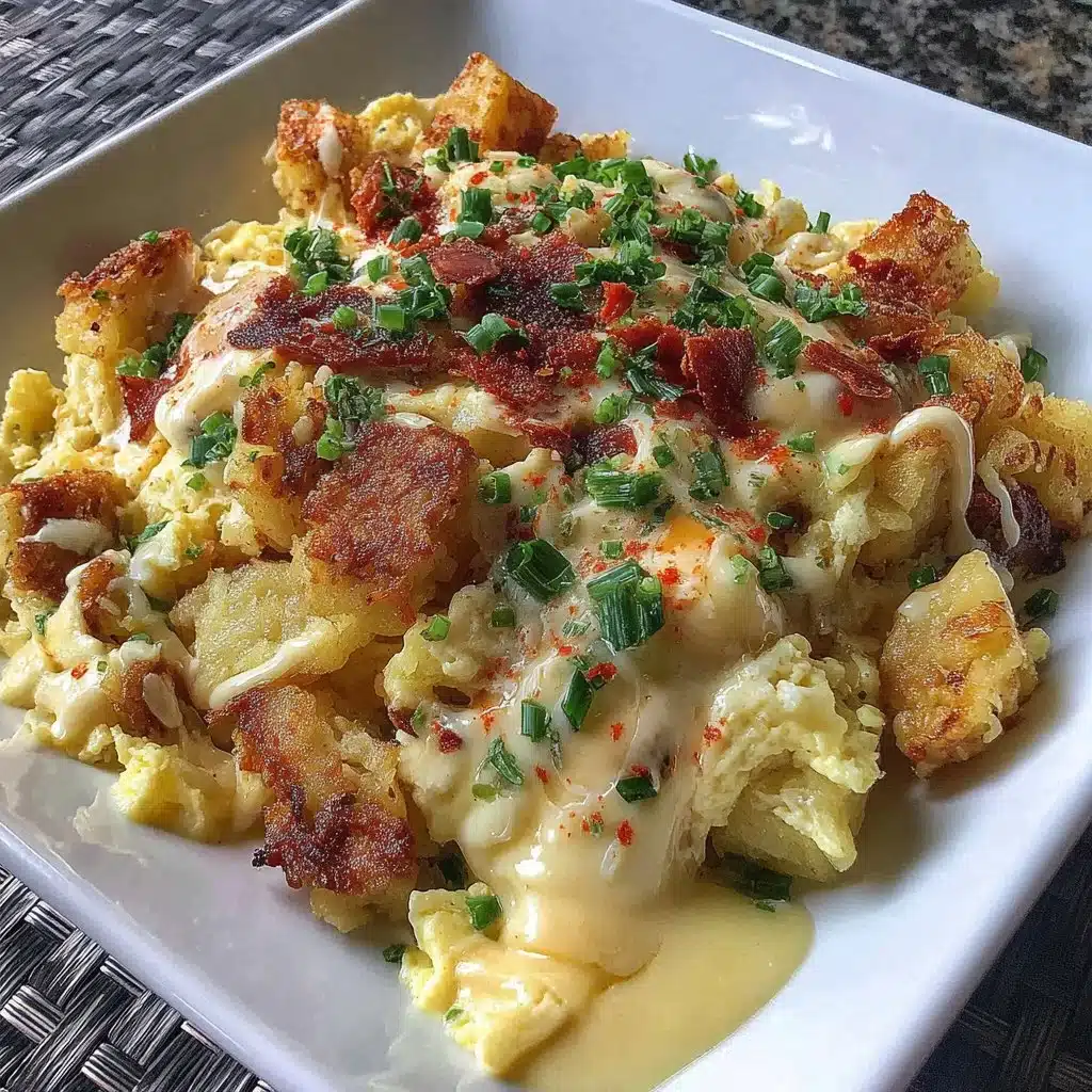 Cheesy potato egg scramble served in a bowl with fresh herbs