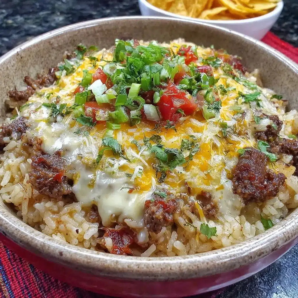 Cheesy Taco Rice Skillet dish with colorful ingredients in a pan
