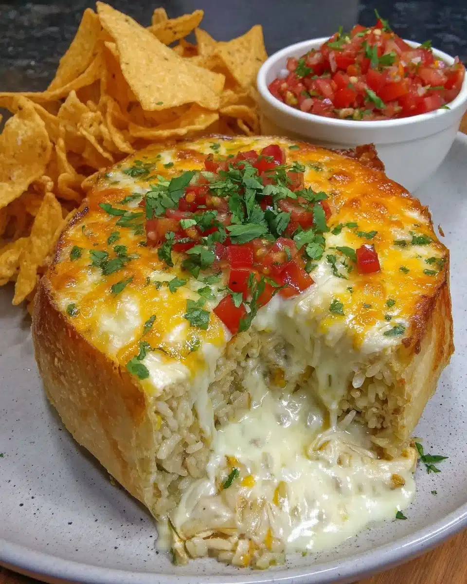 Delicious Chicken Enchilada Rice Casserole topped with cheese and fresh herbs