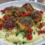 Chicken Kofta with garlic yogurt sauce on a plate